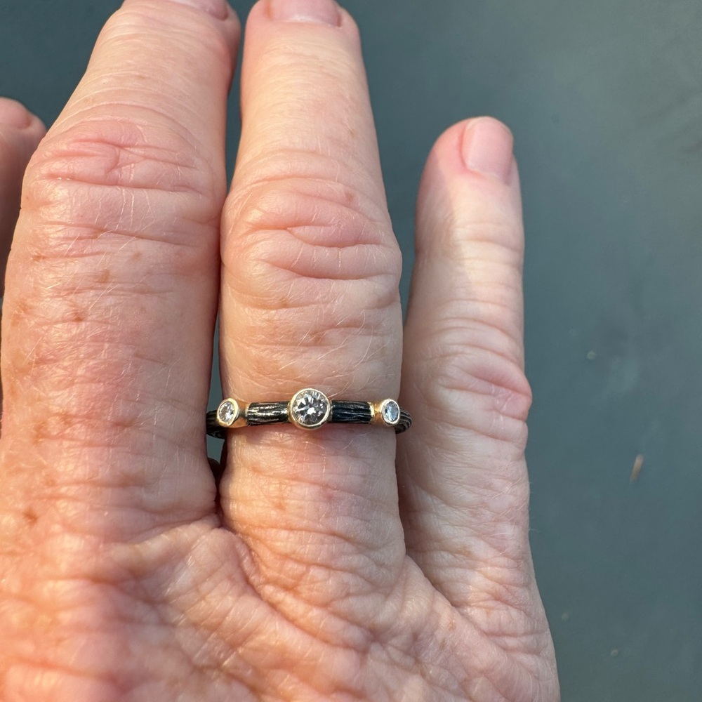 Sarah Graham 3 Diamond Oxidized Sterling and 18k Gold Stacking Band Size 6